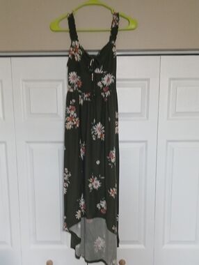 No Boundaries Olive Green Smocked Waist Dress with Floral Hints